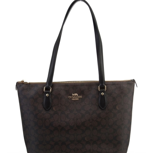 Coach Handbags - Coach Dark Brown Signature Canvas Tote with Black Leather Straps